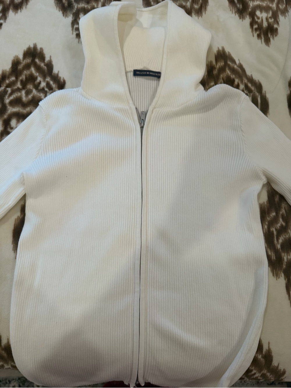 Brandy Melville White Ribbed Hooded Zip Jacket